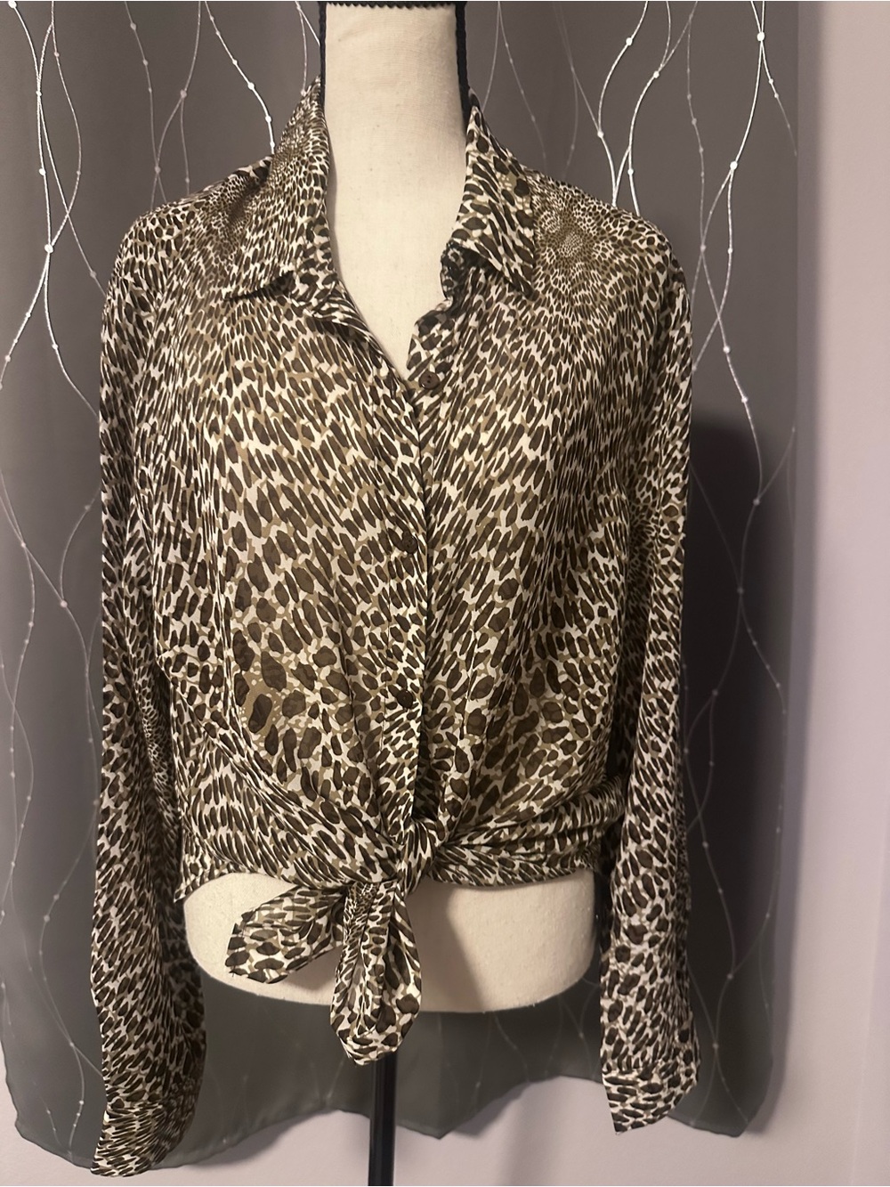 Liverpool Abstract Animal Print Long Sleeve Button-Up Blouse in Shades of Brown